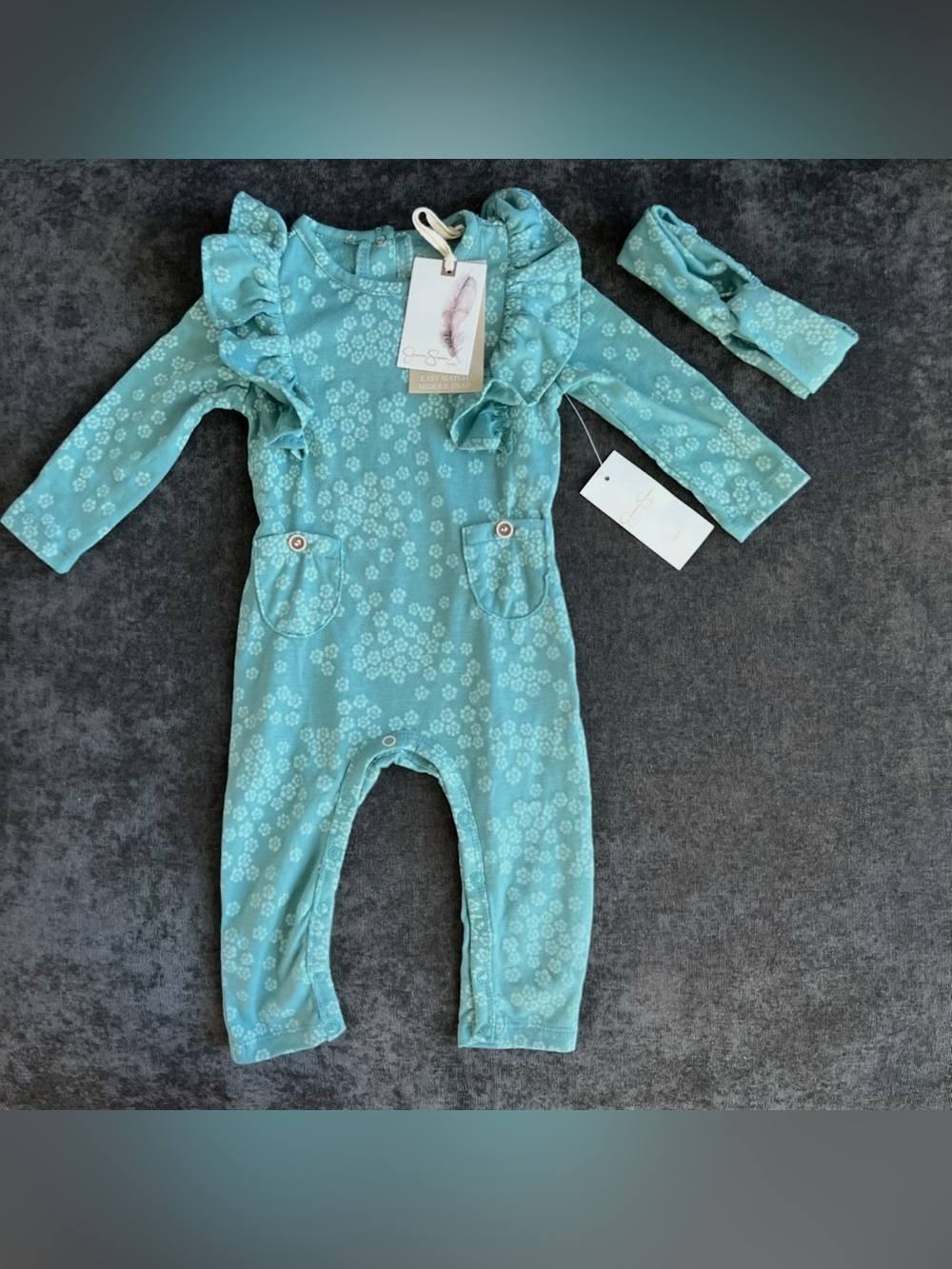 NWT Kessica Simpson Girls Blue Floral Romper with Headband Set Size 12 Months
